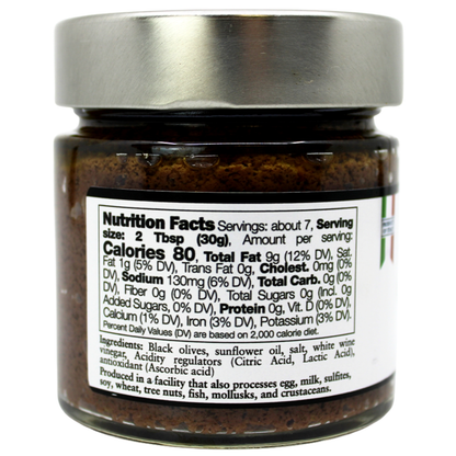 Authentic Italian black olive spread made with black olives, sunflower oil & wine vinegar. Rich, savory, and versatile perfect for crostini, pasta, and charcuterie boards