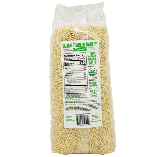 Back view of L'Oro Del Sud Organic Italian Pearled Barley 3.3 lb bag showing nutrition facts and product details