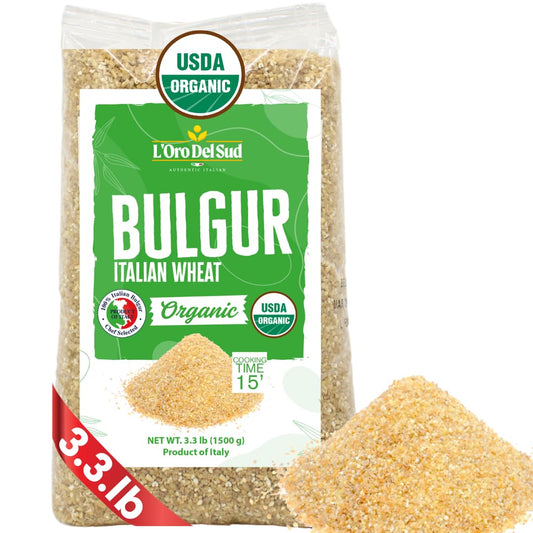 L’Oro Del Sud Organic Bulgur Italian Wheat, 3.3 lb (1500 g) bag. Clear packaging with green label, USDA Organic certification, and product displayed in front with a small pile of bulgur grains.
