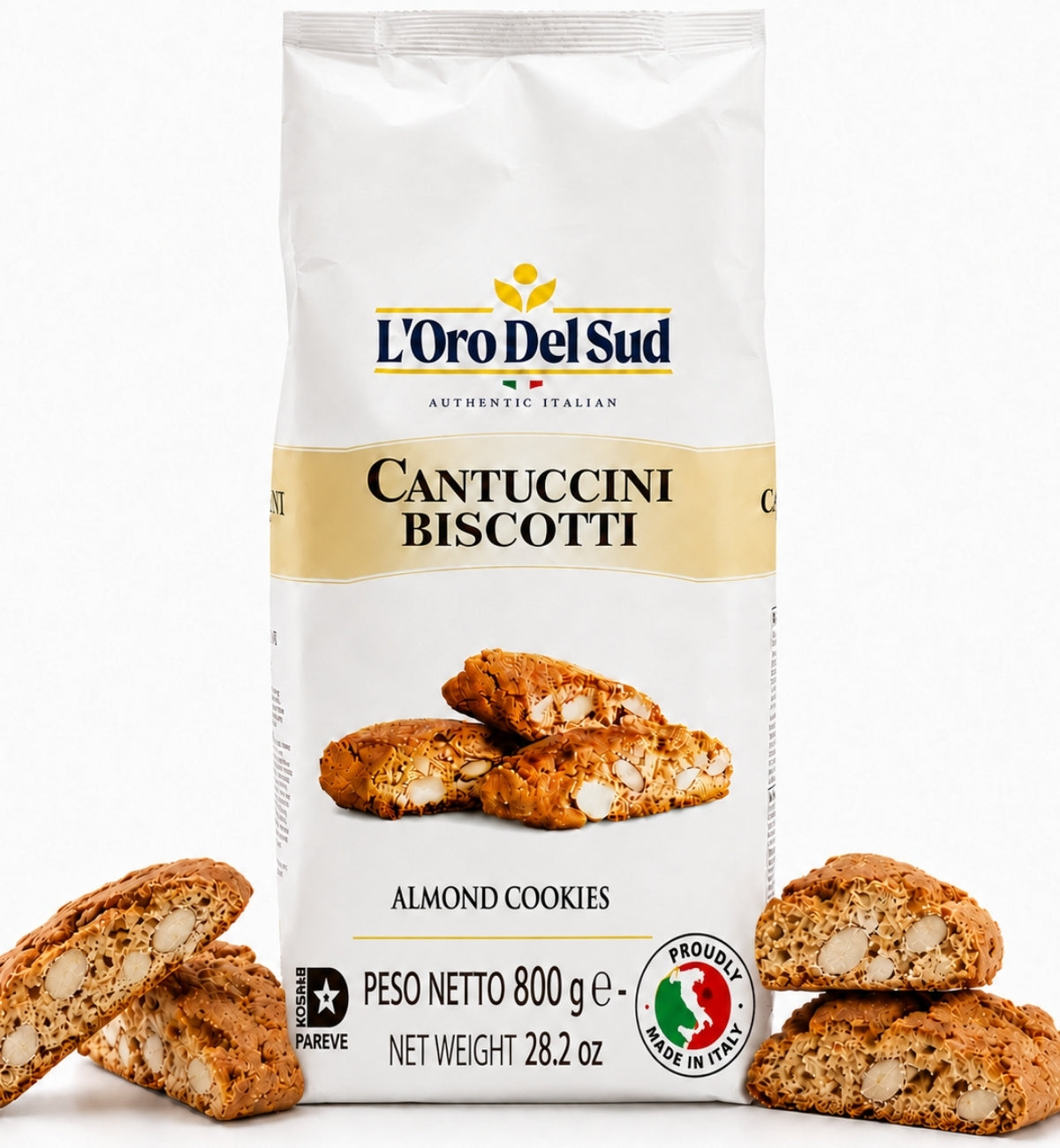 Package of L'Oro Del Sud Cantuccini Biscotti almond cookies, 600g bag, authentic Italian almond biscuits with crunchy texture.