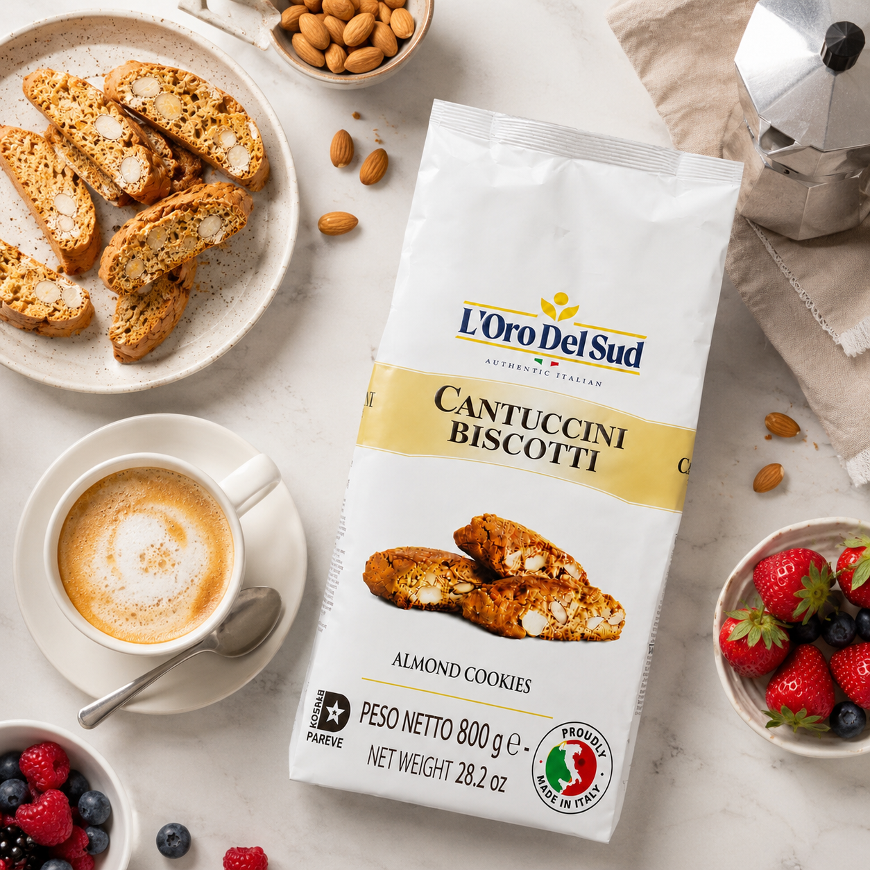 L'Oro Del Sud Cantuccini Biscotti almond cookies, 600g bag, authentic Italian almond biscuits with crunchy texture