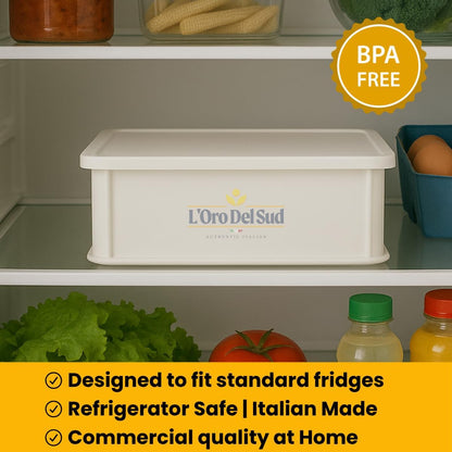 L'Oro Del Sud BPA Free Dough Proofing Box stored in refrigerator with vegetables and juice, Italian made, commercial quality for home use