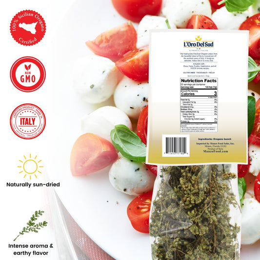 Back view of L’Oro Del Sud Dried Sicilian Oregano 40g pack, showing nutrition facts, certifications (Non-GMO, 100% Sicilian Oregano, Made in Italy), and product description with mozzarella and tomato salad background.