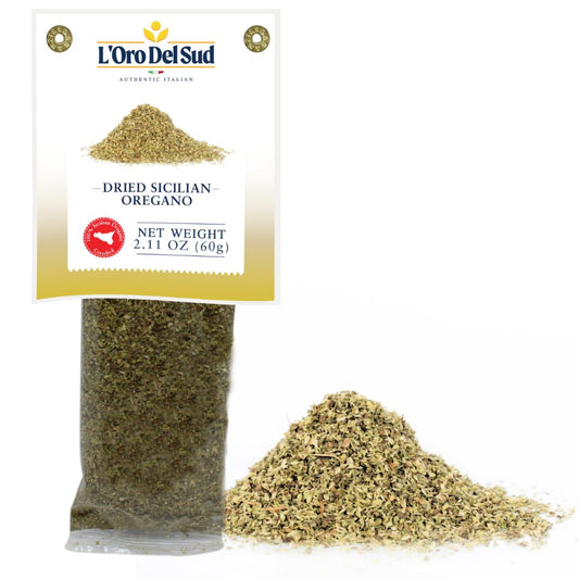Paquete frontal de orégano siciliano seco L'Oro Del Sud de 2.11 oz (60 g), hierbas aromáticas italianas auténticas para cocina mediterránea.