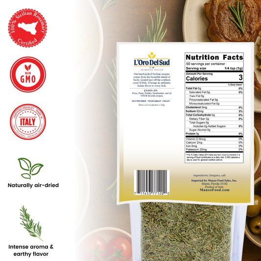 Back view of L’Oro Del Sud Dried Sicilian Rosemary 2.11 oz package showing nutrition facts, certifications, and product details with rosemary leaves background