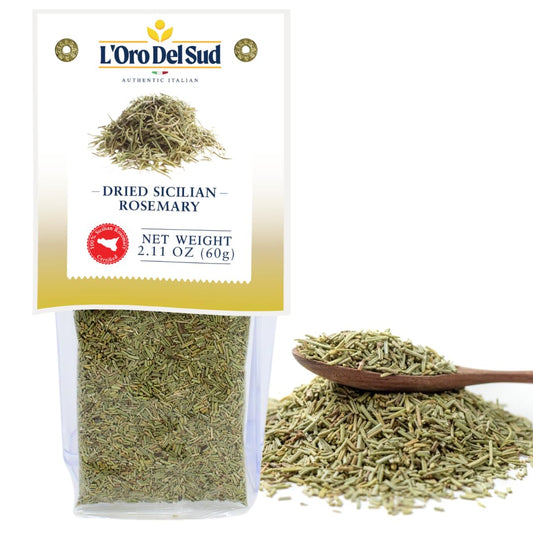 Front view of L’Oro Del Sud dried Sicilian rosemary, 2.11 oz (60 g) package, with loose rosemary herbs and a wooden spoon on the side. Authentic Italian seasoning, aromatic and natural