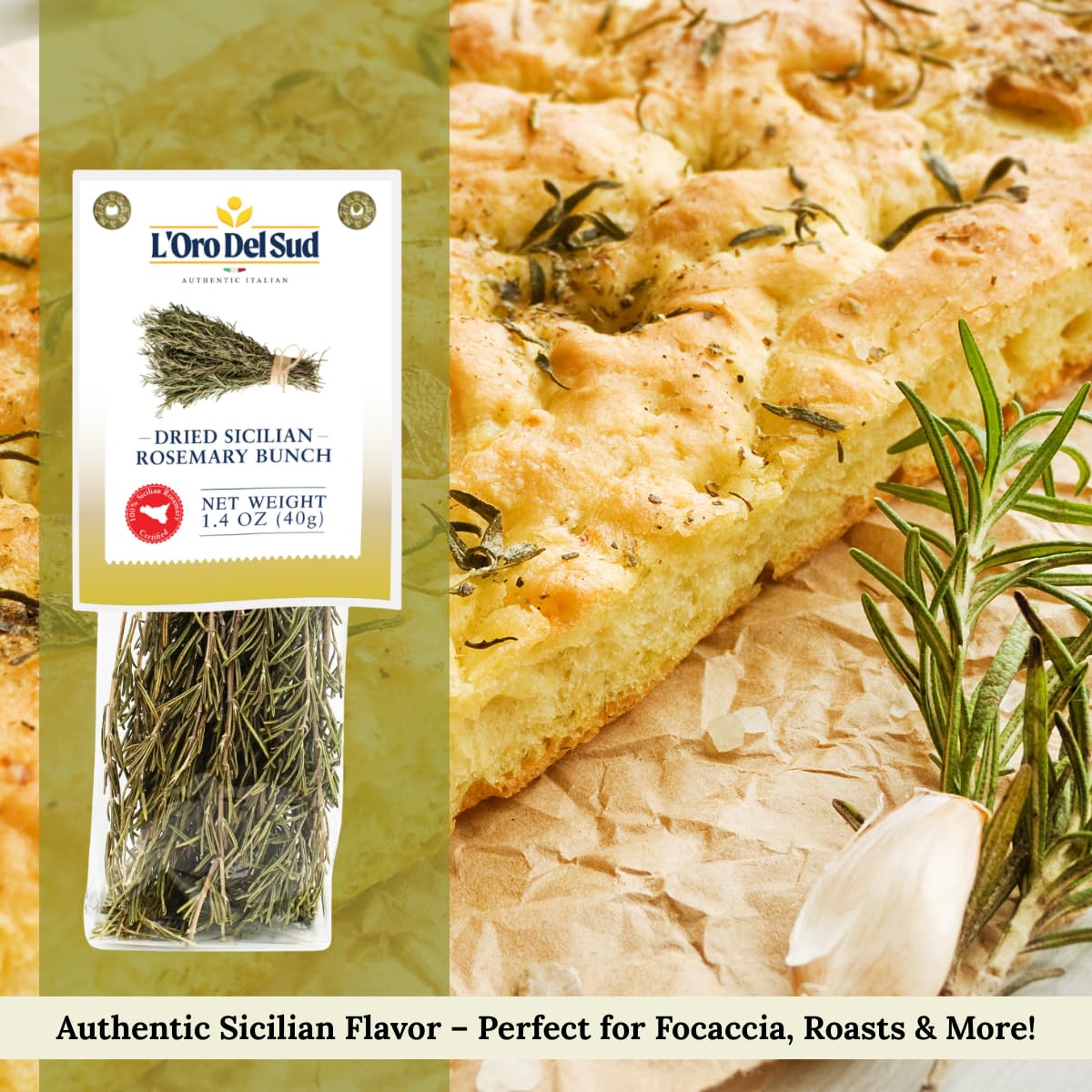 L’Oro Del Sud Organic Dried Sicilian Rosemary Bunch 1.4 oz – Authentic Italian herb, perfect for focaccia, roasted meats, potatoes, and Mediterranean cooking. Fresh aroma and earthy flavor.