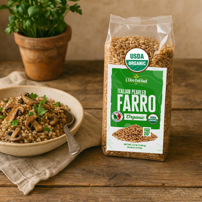 Organic Italian pearled farro in 3.3 lb (1500 g) bag from L'Oro Del Sud, USDA certified, displayed on rustic table with cooked farro and mushrooms in a bow