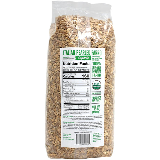 Organic Italian pearled farro 3.3 lb bag by L’Oro Del Sud, USDA certified, back view with nutrition facts label