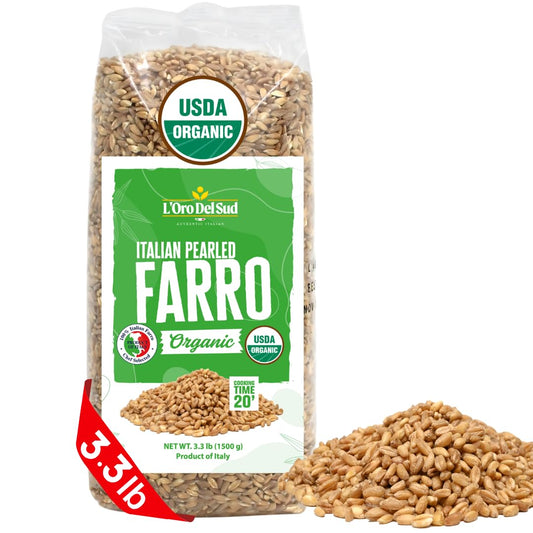 L’Oro Del Sud Organic Italian Pearled Farro 3.3 lb – USDA Organic whole grain, authentic Italian product, nutritious and perfect for Mediterranean recipes.