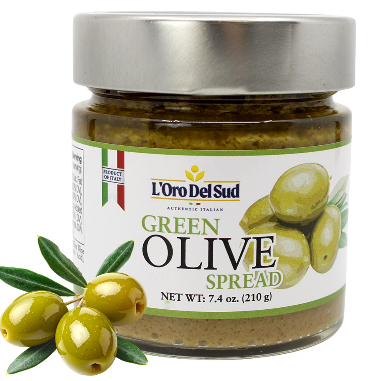Authentic Italian green olive spread with a smooth, velvety texture and fresh, briny flavor. Perfect for bruschetta, pasta, 