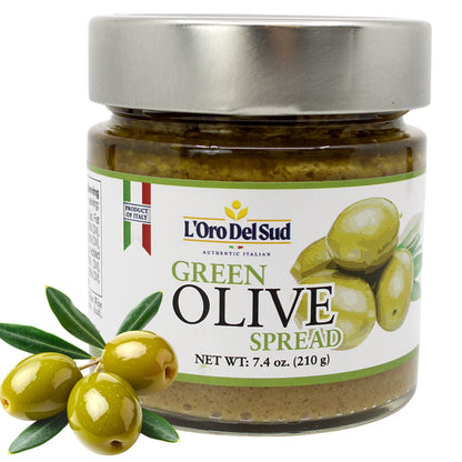 Authentic Italian green olive spread with a smooth, velvety texture and fresh, briny flavor. Perfect for bruschetta, pasta, 