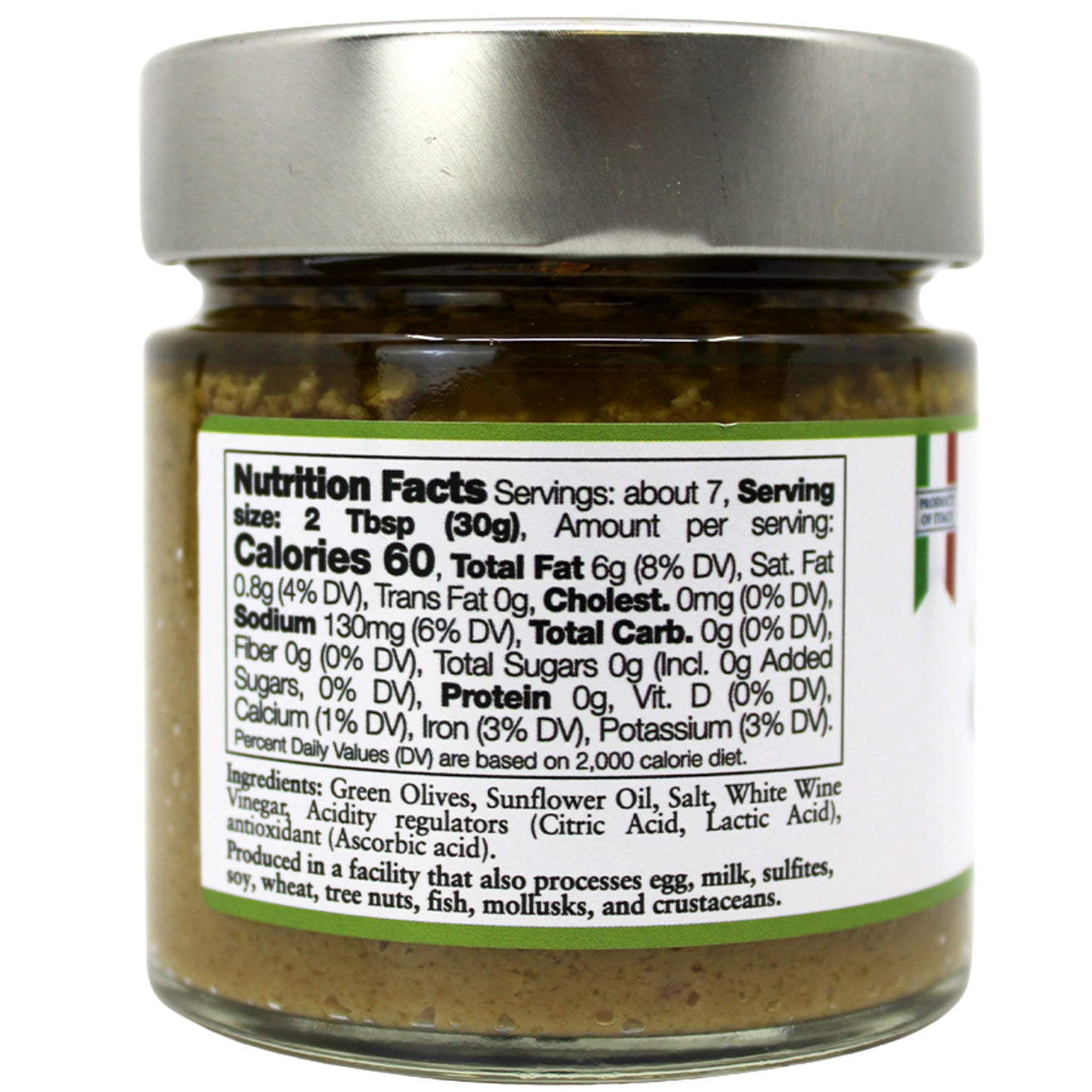 Authentic Italian green olive spread with a smooth, velvety texture and fresh, briny flavor. Perfect for bruschetta, pasta, 