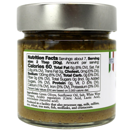 Authentic Italian green olive spread with a smooth, velvety texture and fresh, briny flavor. Perfect for bruschetta, pasta, 