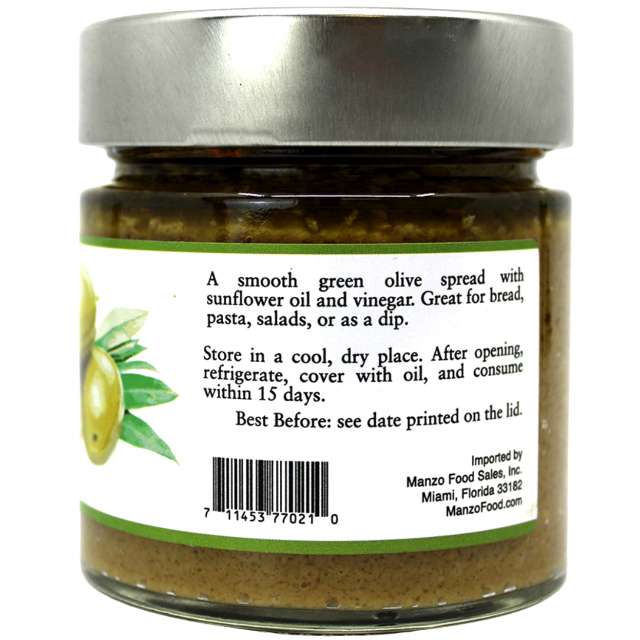 Authentic Italian green olive spread with a smooth, velvety texture and fresh, briny flavor. Perfect for bruschetta, pasta, 