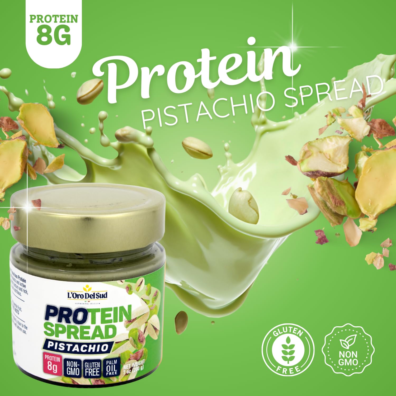 L’Oro Del Sud Protein Spread Pistachio 7oz jar, high protein gluten free spread