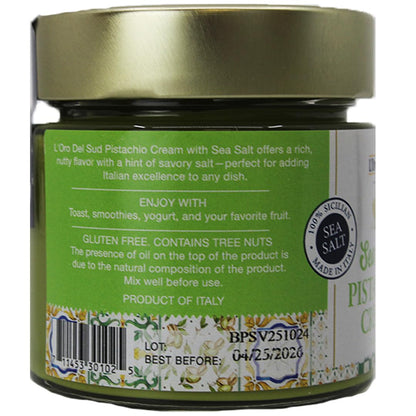 L’Oro Del Sud Sea Salt Pistachio Cream spread 7oz jar, authentic Italian pistachio cream with sea salt, gourmet sweet and savory spread for desserts and pastries.