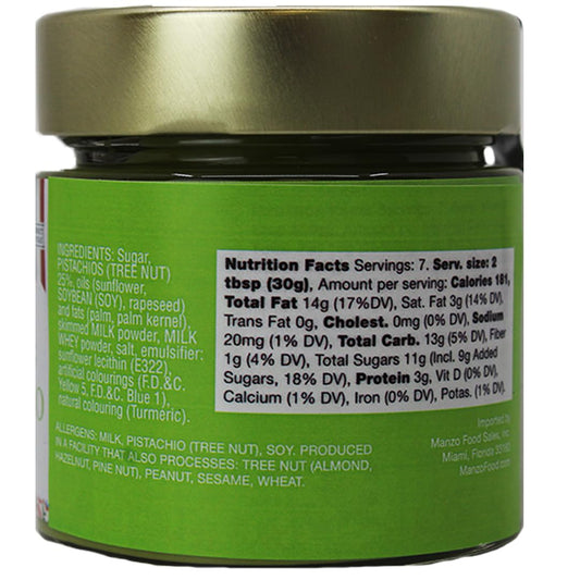 L’Oro Del Sud Sea Salt Pistachio Cream spread 7oz jar, authentic Italian pistachio cream with sea salt, gourmet sweet and savory spread for desserts and pastries.