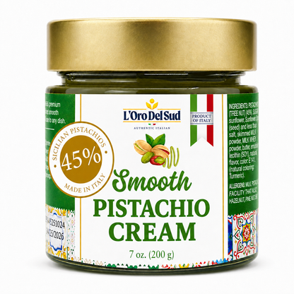 L’Oro Del Sud Smooth Pistachio Cream, made in Italy with 45% Sicilian pistachios, 7 oz jar – authentic Italian spread, creamy texture, perfect for desserts, pastries, and gourmet recipes.