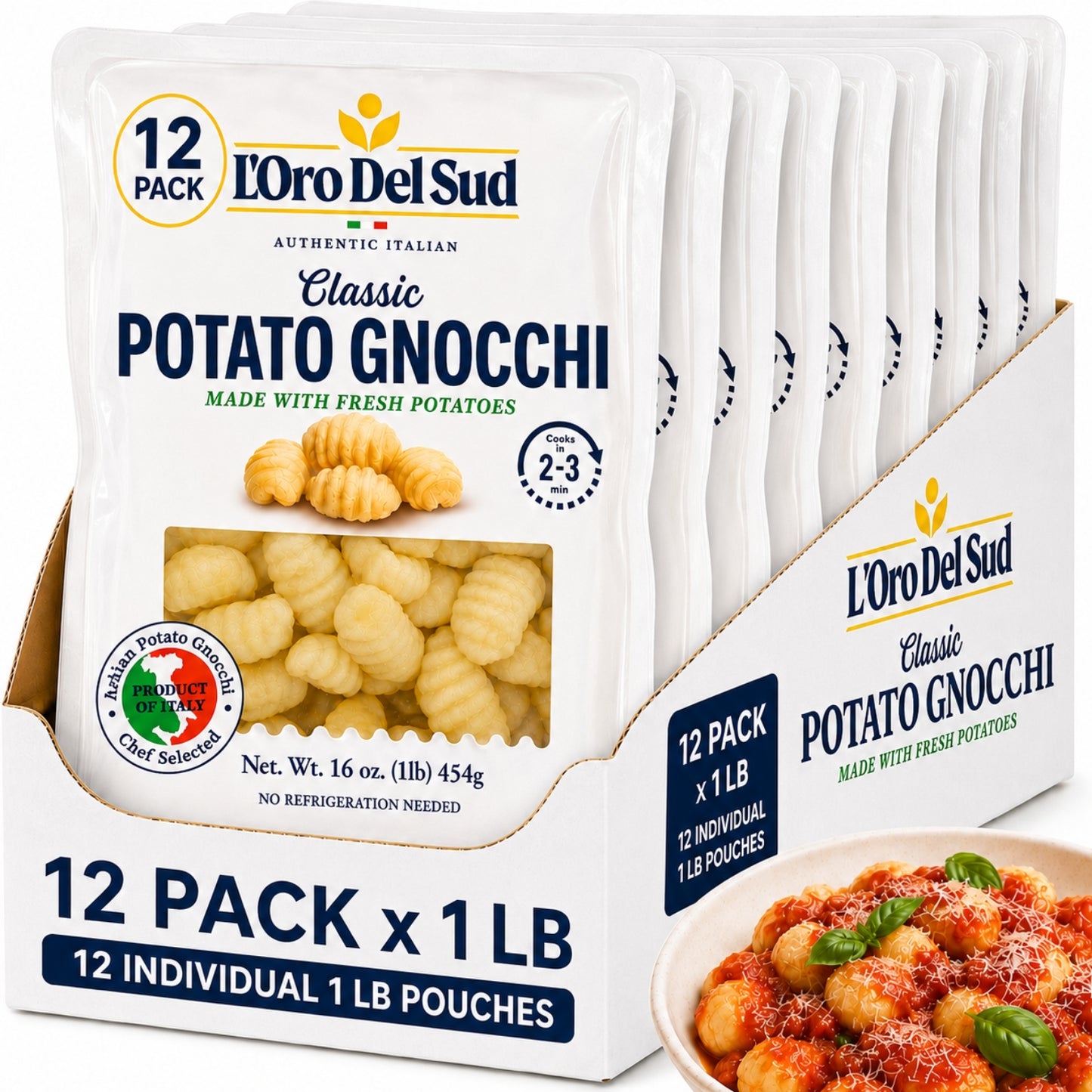L’Oro Del Sud classic potato gnocchi 12 pack, authentic Italian pasta