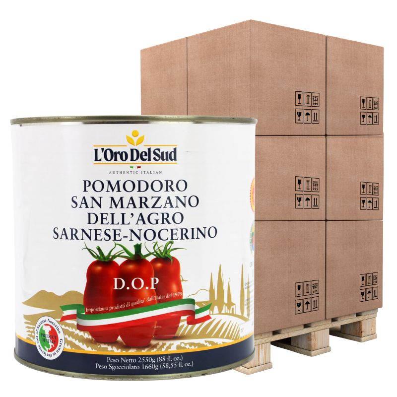 L'Oro Del Sud San Marzano tomato can with cardboard boxes in the background