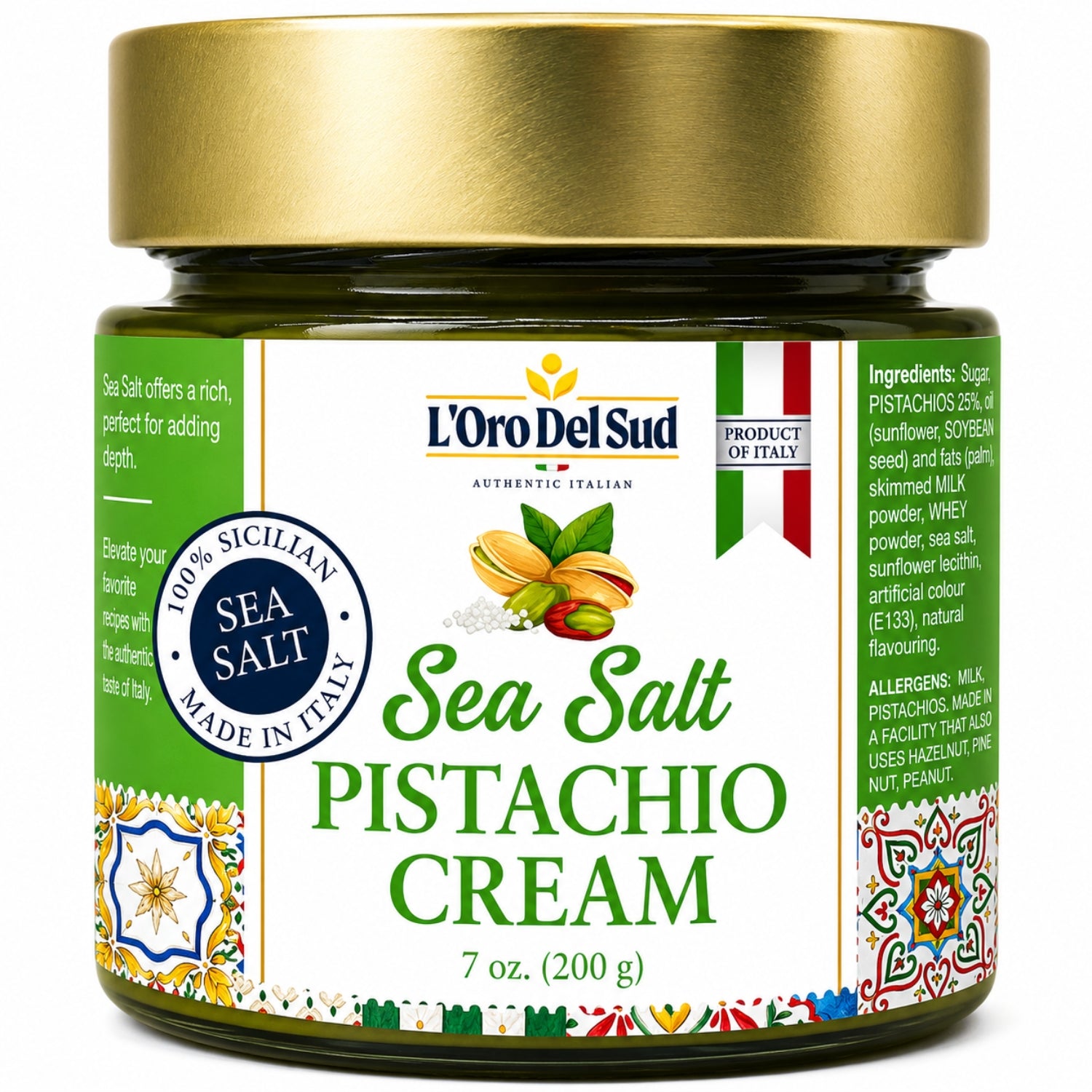 L’Oro Del Sud Sea Salt Pistachio Cream spread 7oz jar, authentic Italian pistachio cream with sea salt, gourmet sweet and savory spread for desserts and pastries.