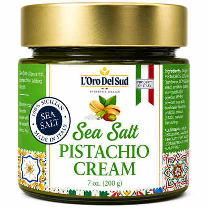 L’Oro Del Sud Sea Salt Pistachio Cream spread 7oz jar, authentic Italian pistachio cream with sea salt, gourmet sweet and savory spread for desserts and pastries.