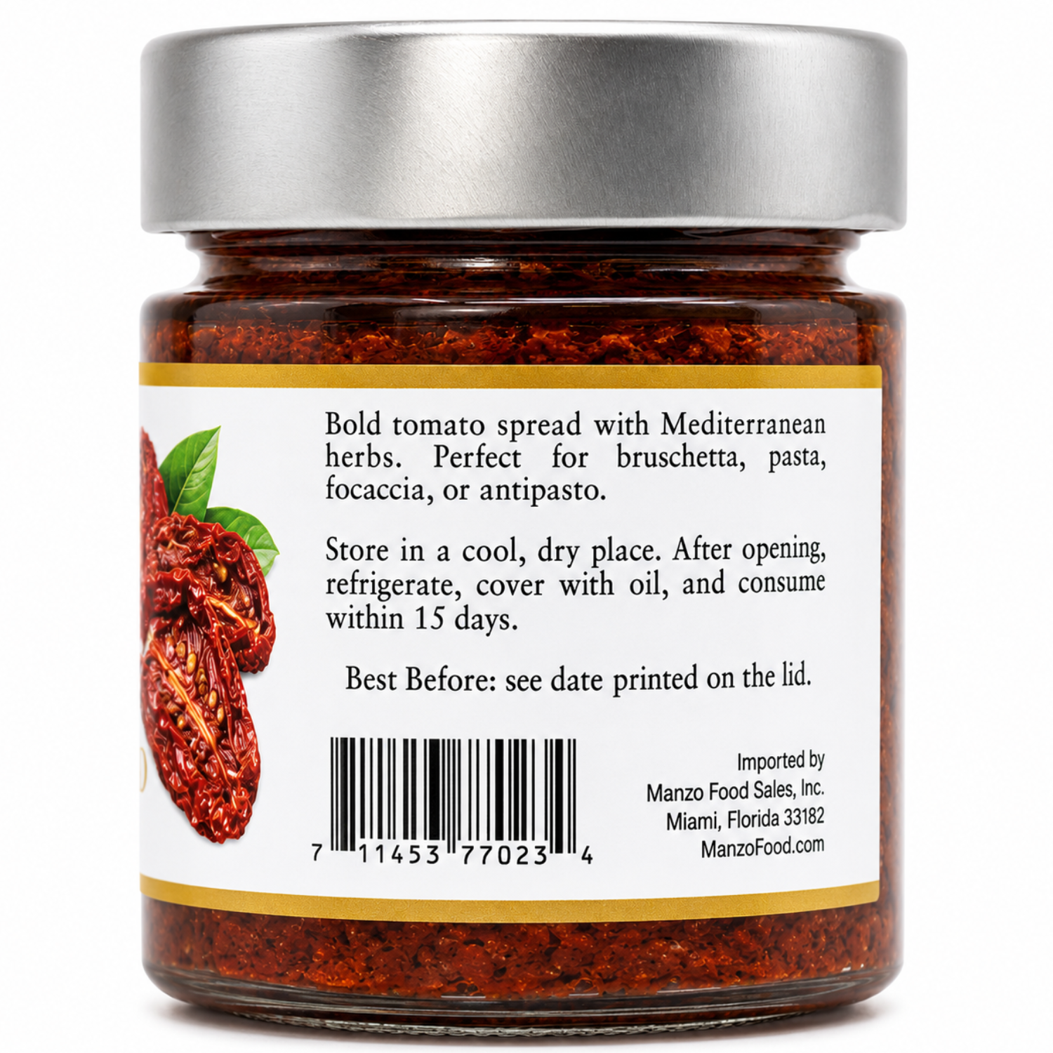 Back view of a glass jar of bold tomato spread with a silver lid and a white label showing product details, barcode, and ingredients.