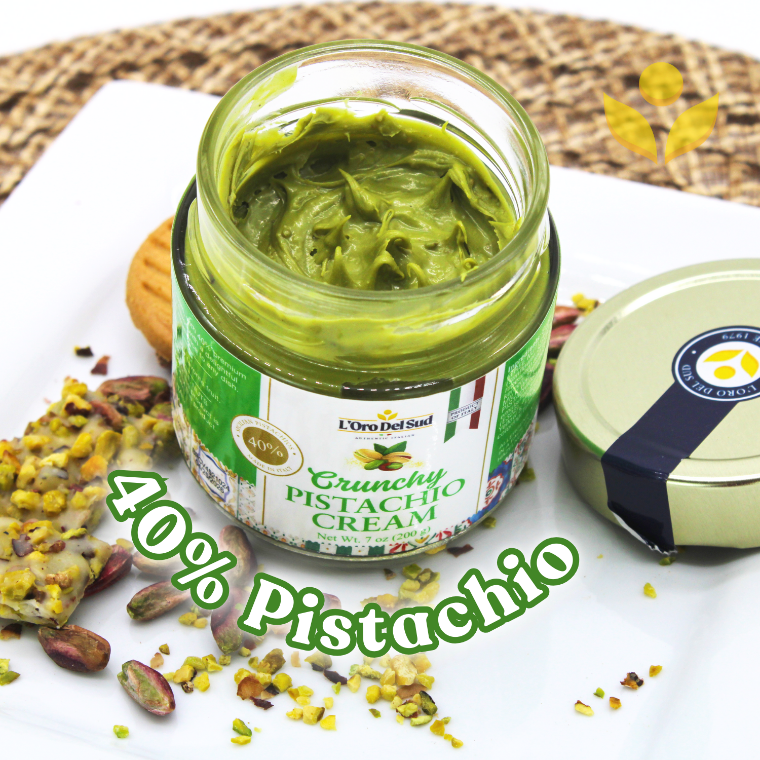 L’Oro Del Sud, Crunchy Pistachio Cream – Premium 40% Sicilian Pistachio Spread, 7 oz (200g), Sweet Pistachio Butter