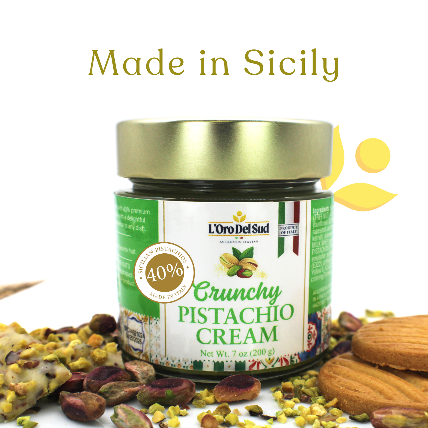 L’Oro Del Sud, Crunchy Pistachio Cream – Premium 40% Sicilian Pistachio Spread, 7 oz (200g), Sweet Pistachio Butter