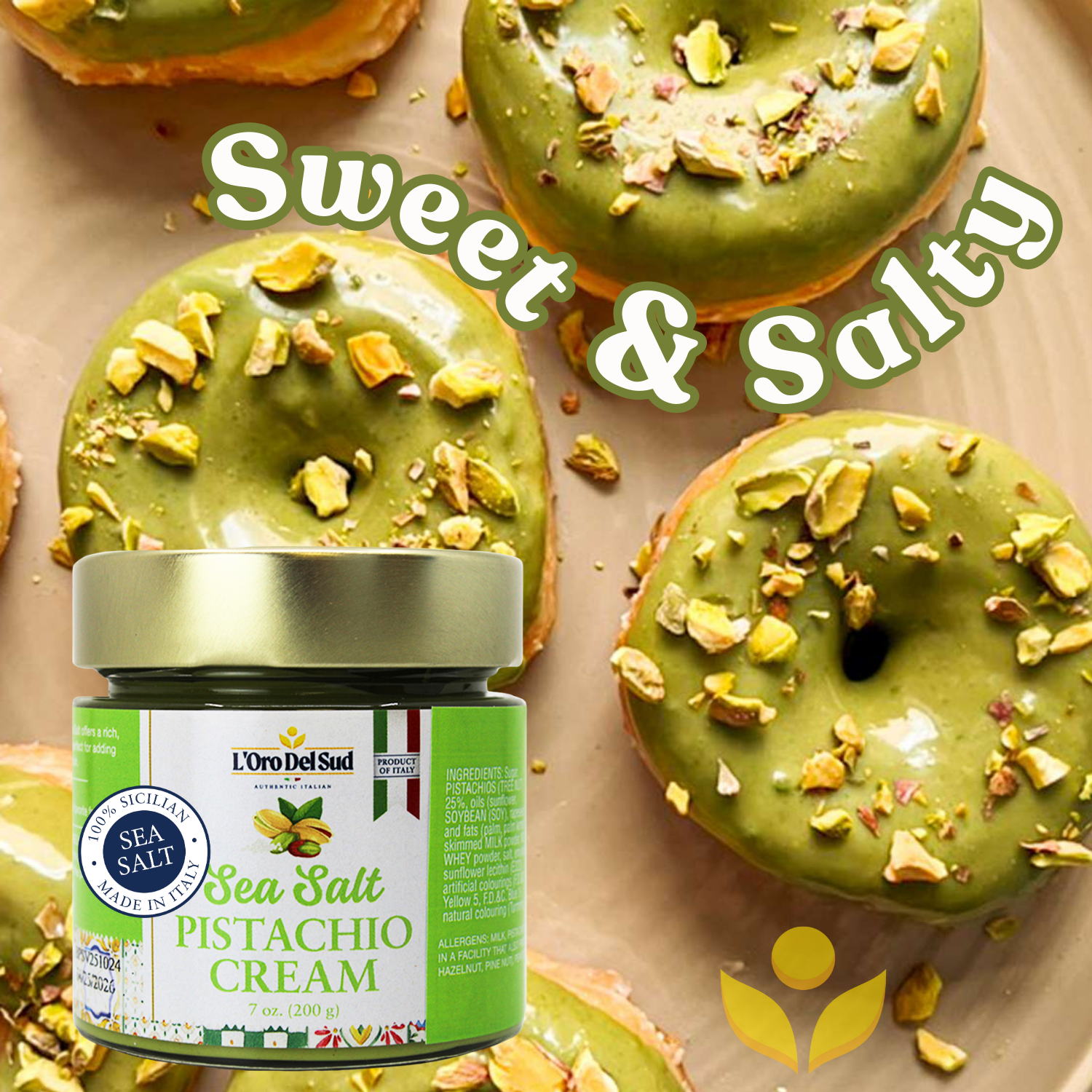 L’Oro Del Sud, Pistachio Cream with Sea Salt – Sicilian Sweet & Salty Pistachio Spread, 7 oz (200g), Sweet Pistachio Butter