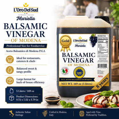 L’Oro Del Sud Mariella Gold Balsamic Vinegar of Modena, P.G.I. certified, aged 8 years, in a 5-liter container with gold award seal and nutrition facts label