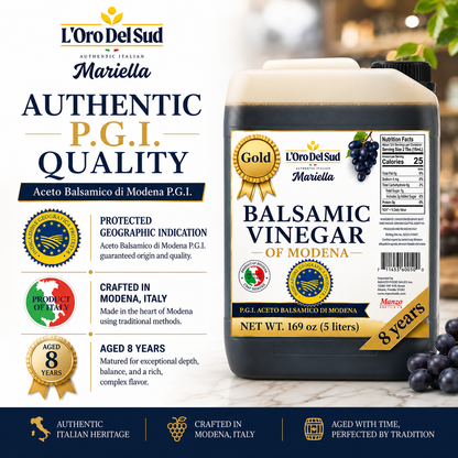 L’Oro Del Sud Mariella Gold Balsamic Vinegar of Modena, P.G.I. certified, aged 8 years, in a 5-liter container with gold award seal and nutrition facts label