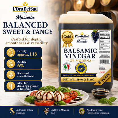 L’Oro Del Sud Mariella Gold Balsamic Vinegar of Modena, P.G.I. certified, aged 8 years, in a 5-liter container with gold award seal and nutrition facts label