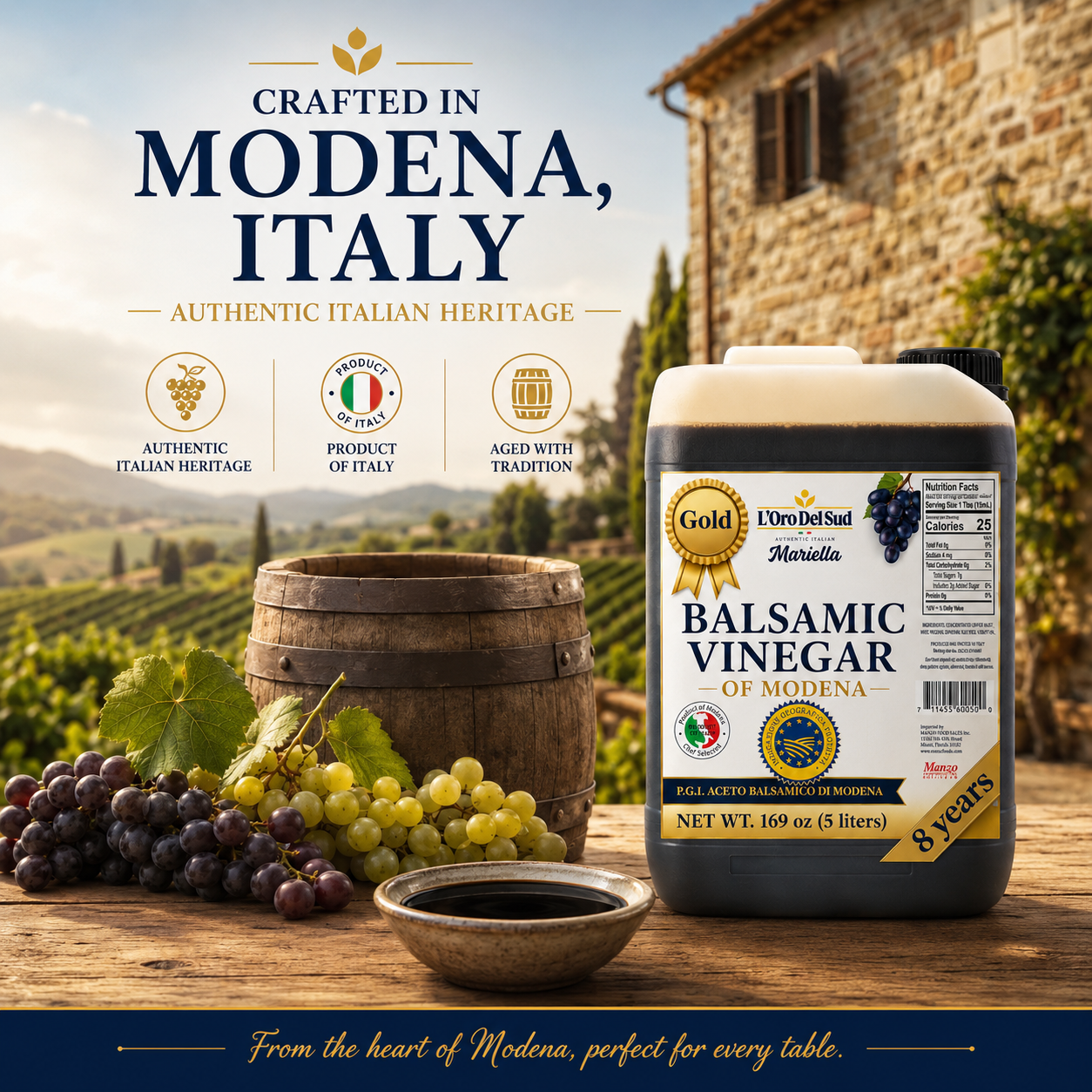 L’Oro Del Sud Mariella Gold Balsamic Vinegar of Modena, P.G.I. certified, aged 8 years, in a 5-liter container with gold award seal and nutrition facts label