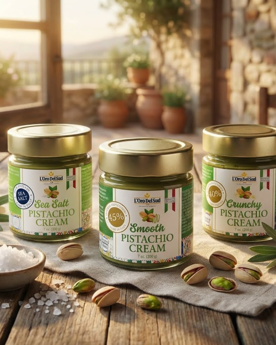 Premium Italian pistachio cream by L’Oro Del Sud. Smooth, crunchy, and sea salt varieties made with high-quality pistachios.