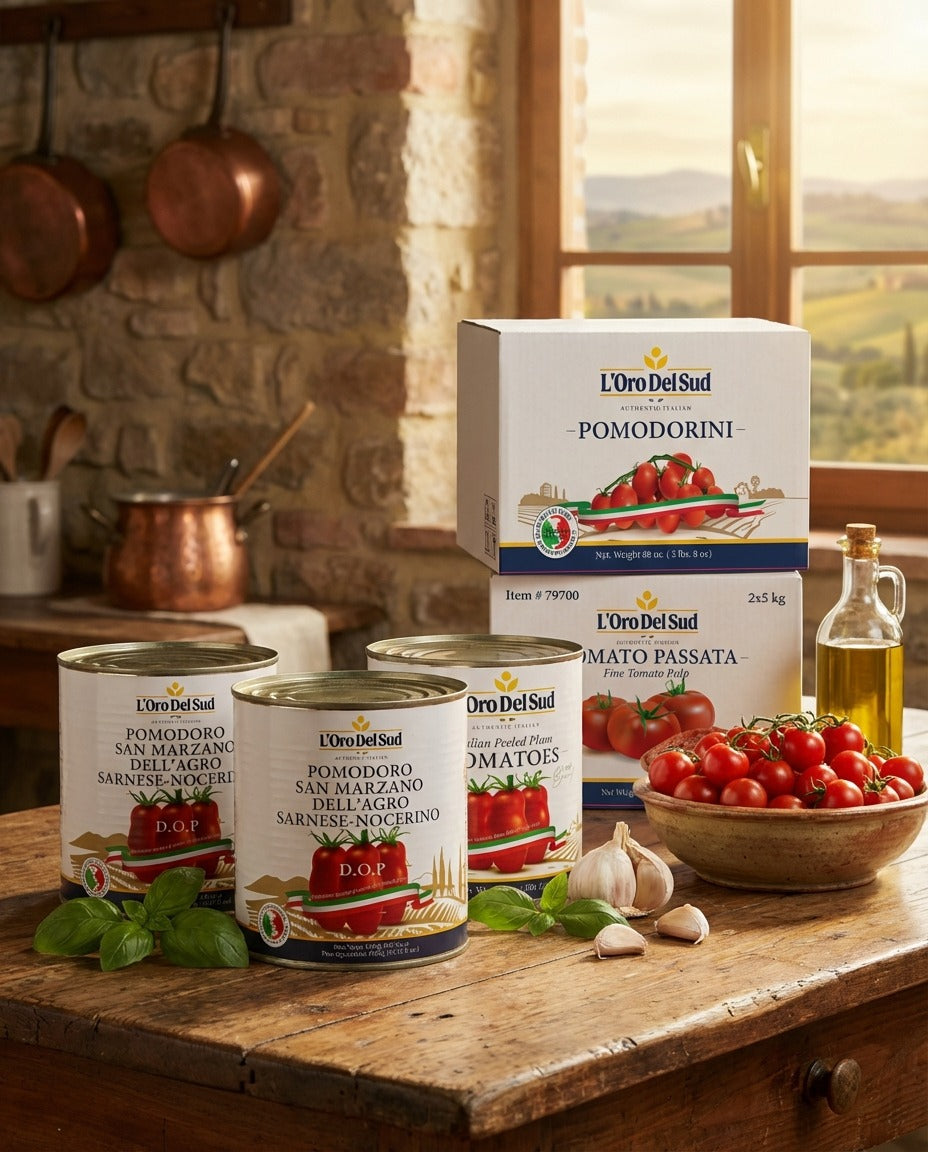Premium L'Oro Del Sud products from Italy. Ideal for authentic pizza sauce and traditional pasta recipes.