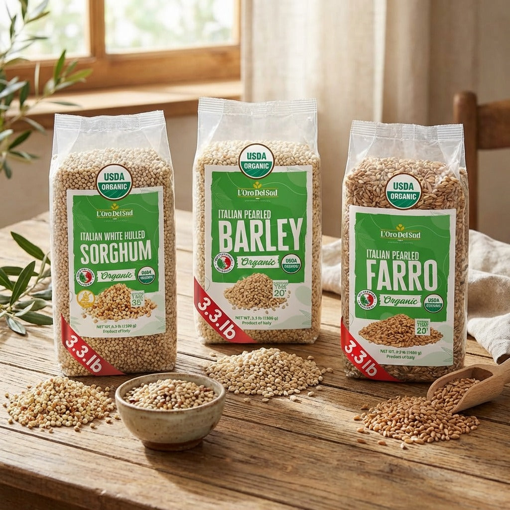 100% Authentic Organic Pearled Barley, White Hulled Sorghum, and Pearled Farro