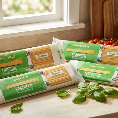 Organic Italian spaghetti, linguine, and fettuccine by L’Oro Del Sud. Premium long pasta for authentic Italian cooking.