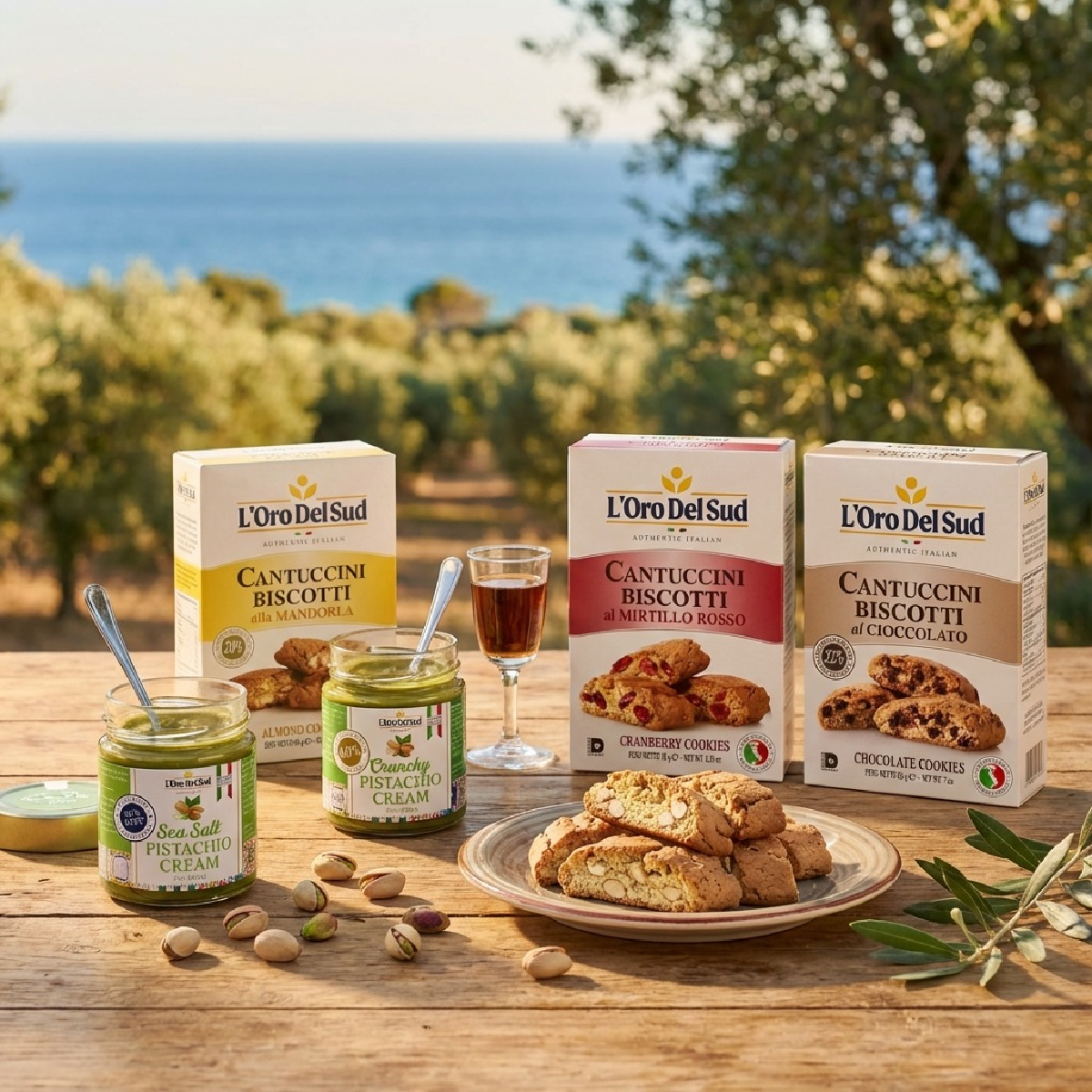 Authentic Italian cantuccini biscotti and pistachio cream by L’Oro Del Sud. Perfect with coffee, dessert boards, and gourmet gifting.