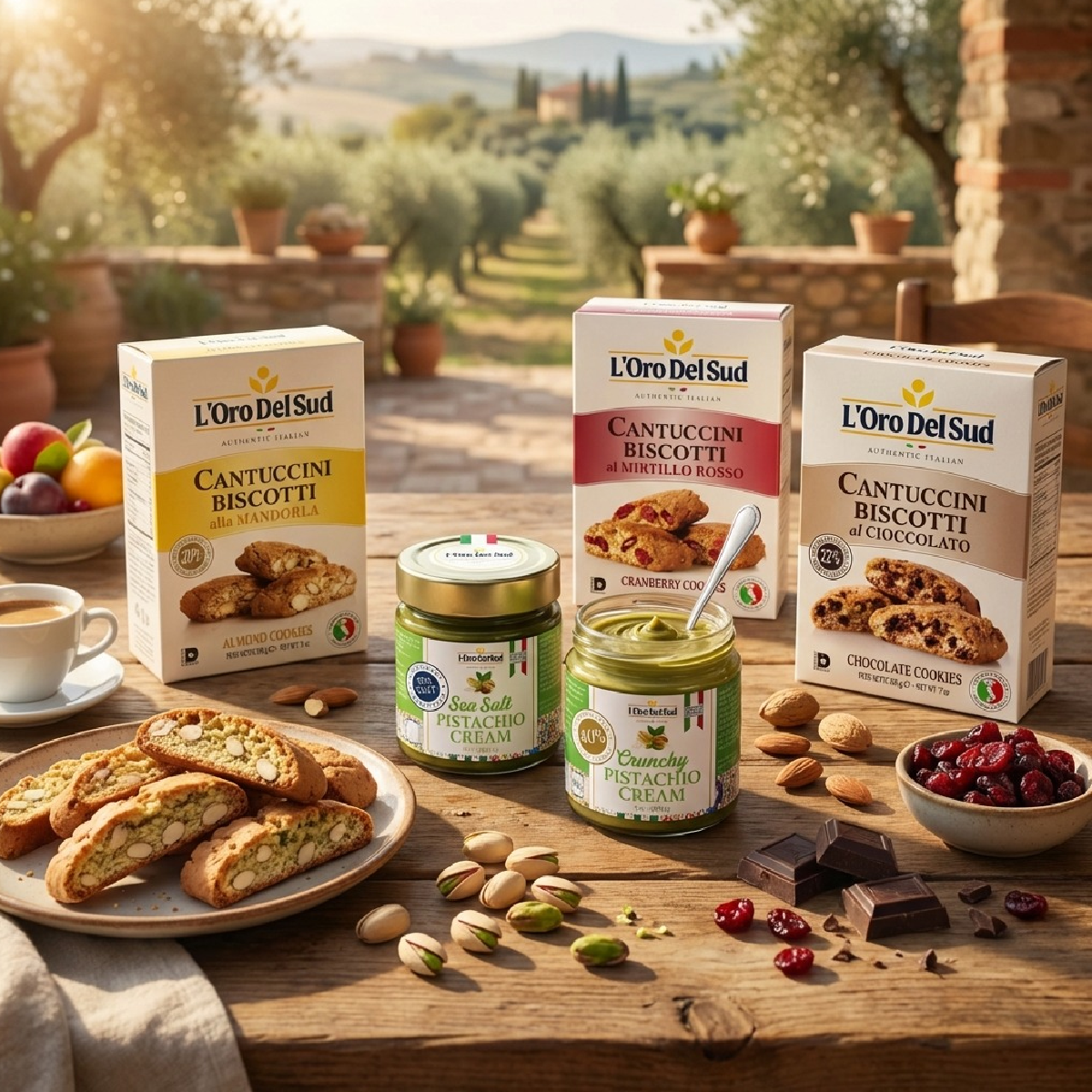 Authentic Italian cantuccini biscotti and pistachio cream by L’Oro Del Sud. Perfect with coffee, dessert boards, and gourmet gifting.