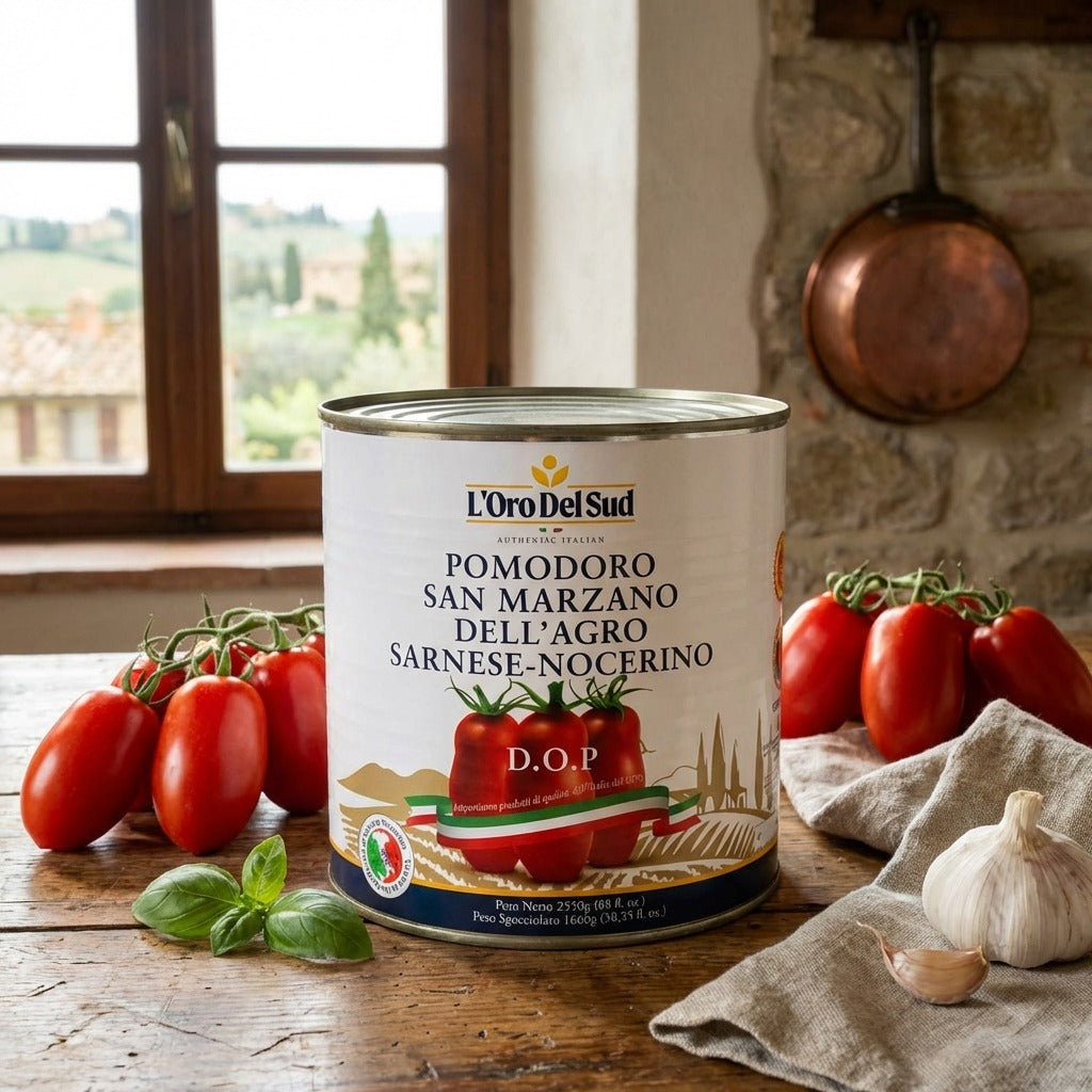 Authentic San Marzano D.O.P. tomatoes from Italy. Ideal for pizza sauce, pasta, and traditional Italian cooking.