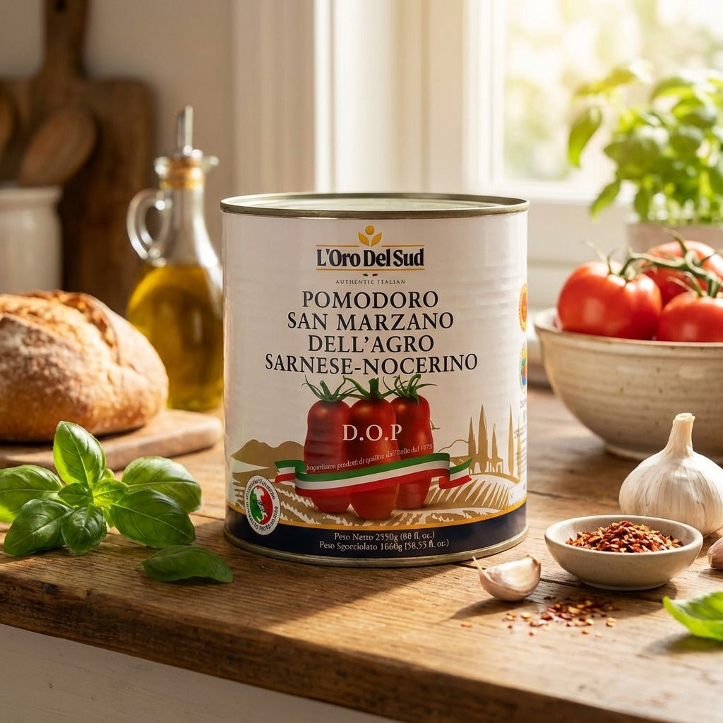 Authentic Italian San Marzano D.O.P. tomatoes perfect for pizza sauce, pasta, and classic Italian recipes.