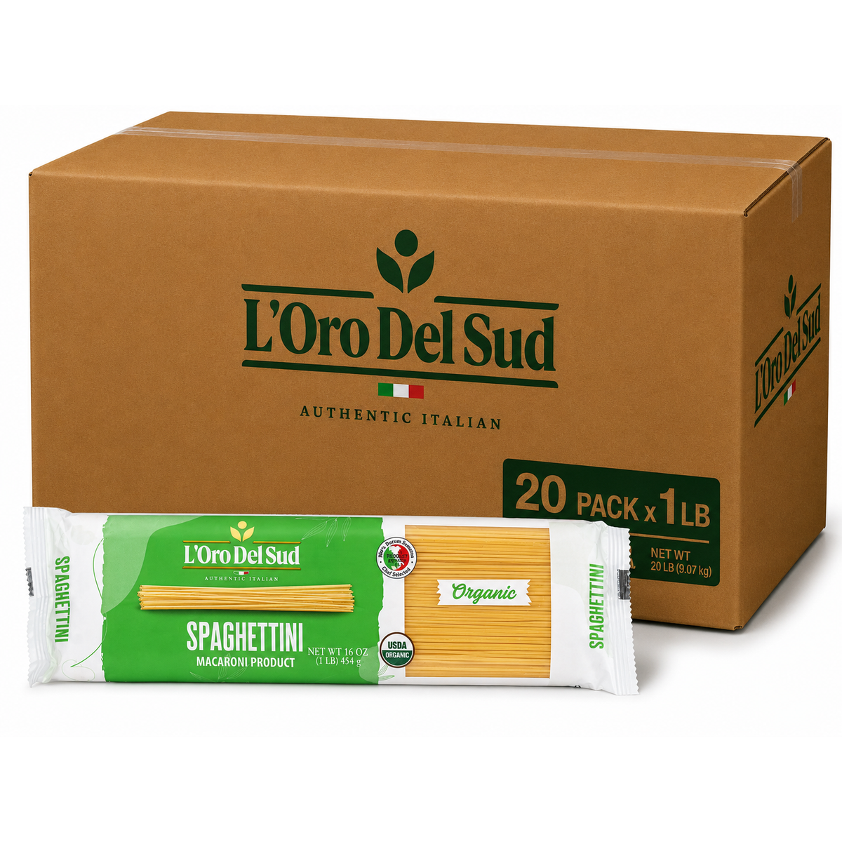 A brown cardboard box of L'Oro Del Sud spaghetti behind a single wrapped package of organic spaghetti on a white background.
