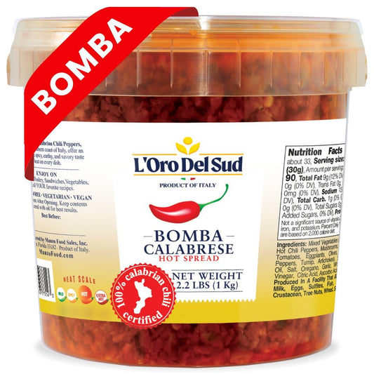 Container of L'Oro Del Sud Bomba Calabrese hot spread with a red label.