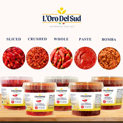 L'Oro Del Sud chili pepper products with various forms displayed on a white background.