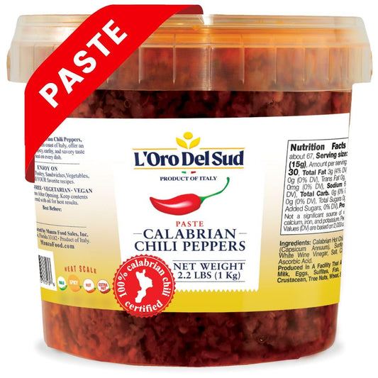 Jar of L'Oro Del Sud Calabrian Chili Peppers Paste with visible label and red chili pepper icon.