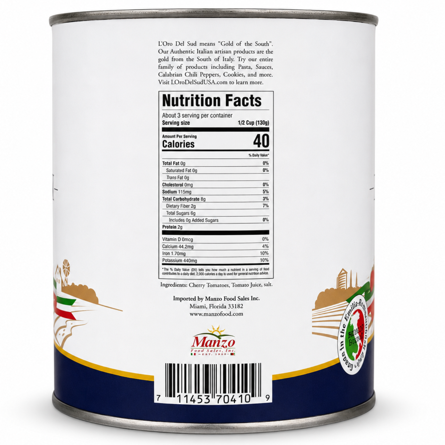 Nutrition facts label on a can with branding details