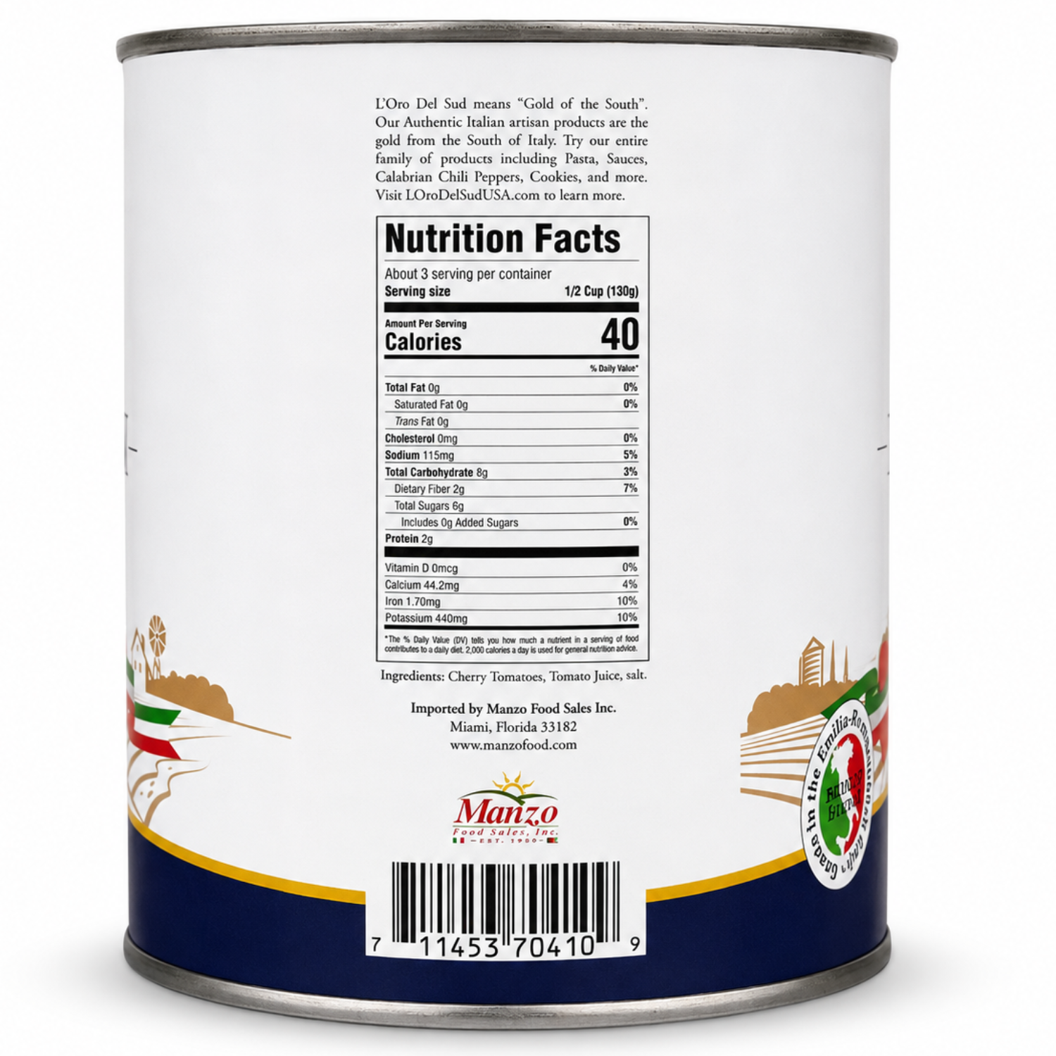 Nutrition facts label on a can with branding details