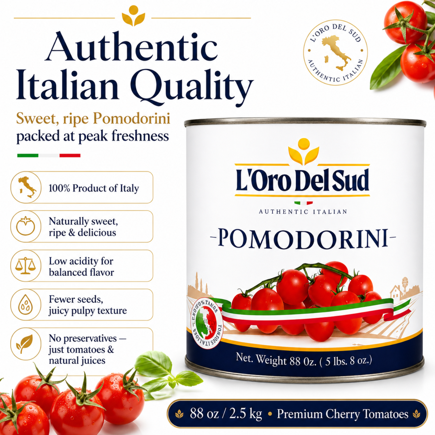 L'Oro Del Sud Pomodorini can with tomatoes on a white background